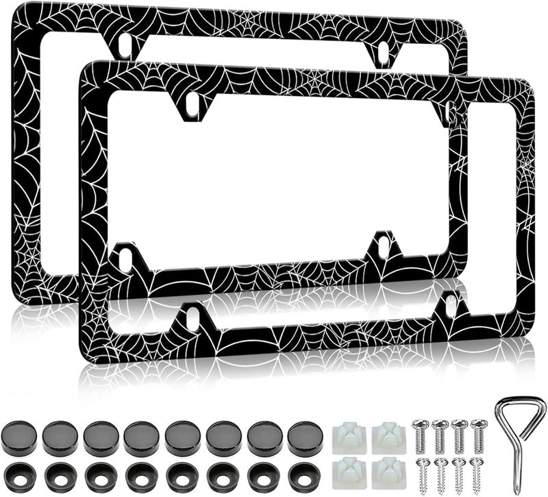 LIN KANG Spider Web License Plate Frame - 2 PCS Goth Gothic Web Aluminum Metal License Plate Frames Holder Covers, Rust-Proof Waterproof Car Decorative Tag Frames for Standard Us 12x6 Inch - Image 1